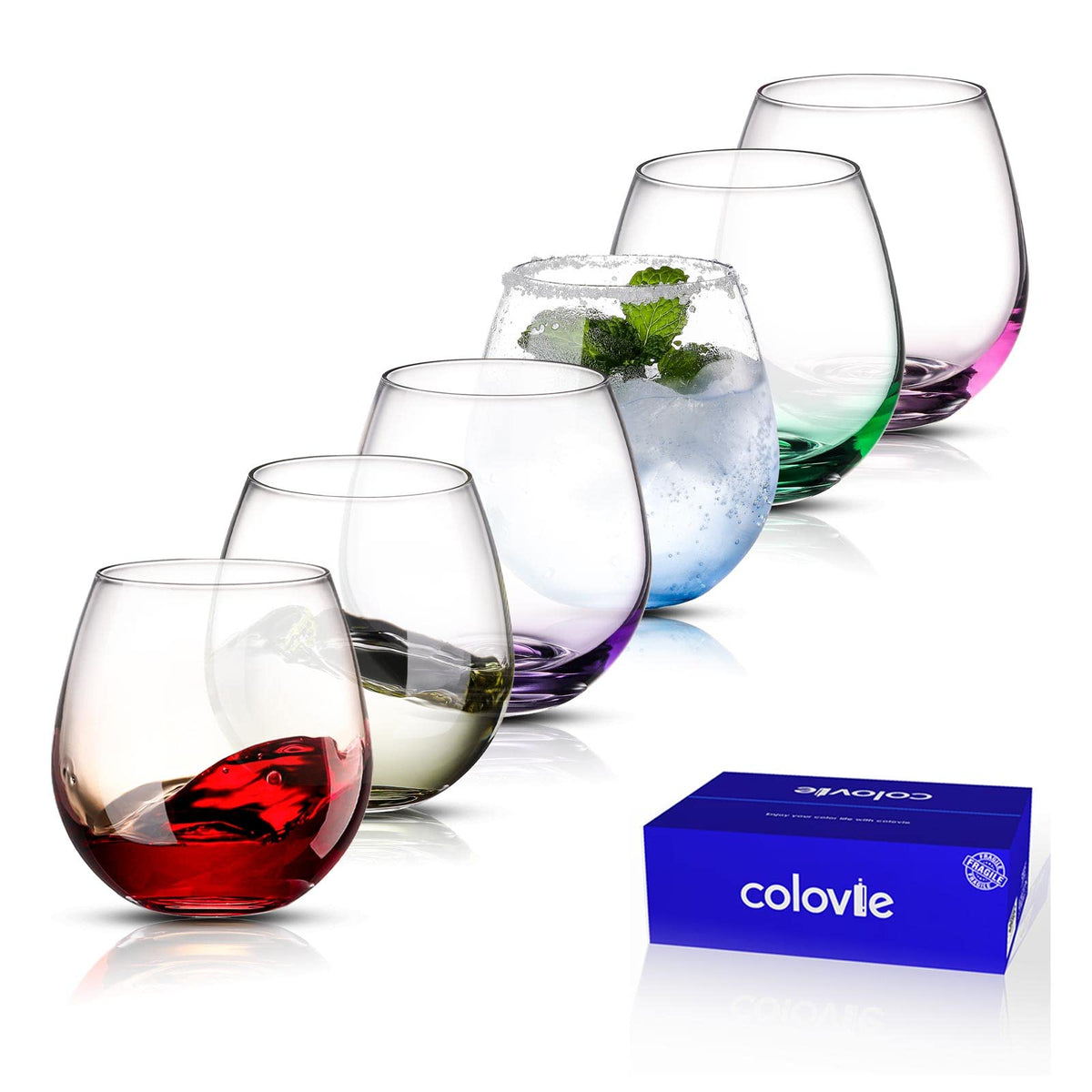 ColoVie front packaging showing six colored stemless glasses and secure box