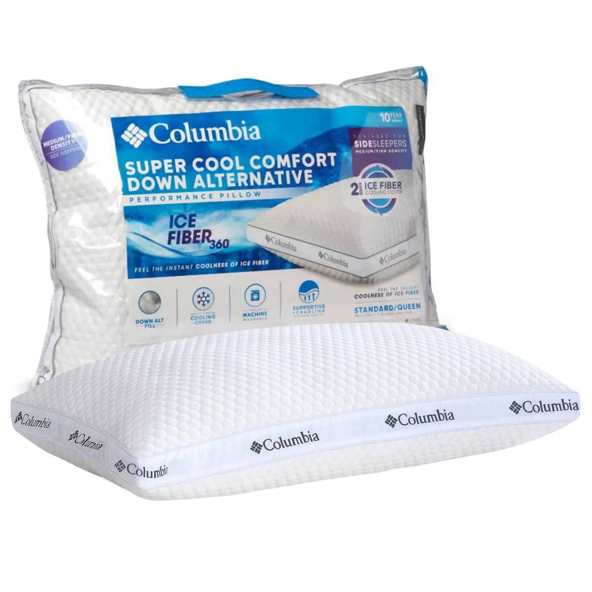 Columbia pillow front view showing cooling cover and supportive profile
