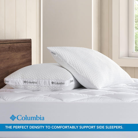 Columbia pillow on bed illustrating side-sleeper alignment and comfort