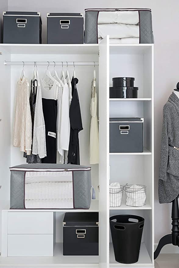 combocube stacked in closet saving space and organizing bedding