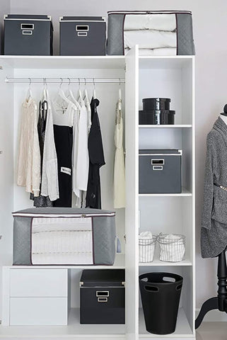 combocube stacked in closet saving space and organizing bedding