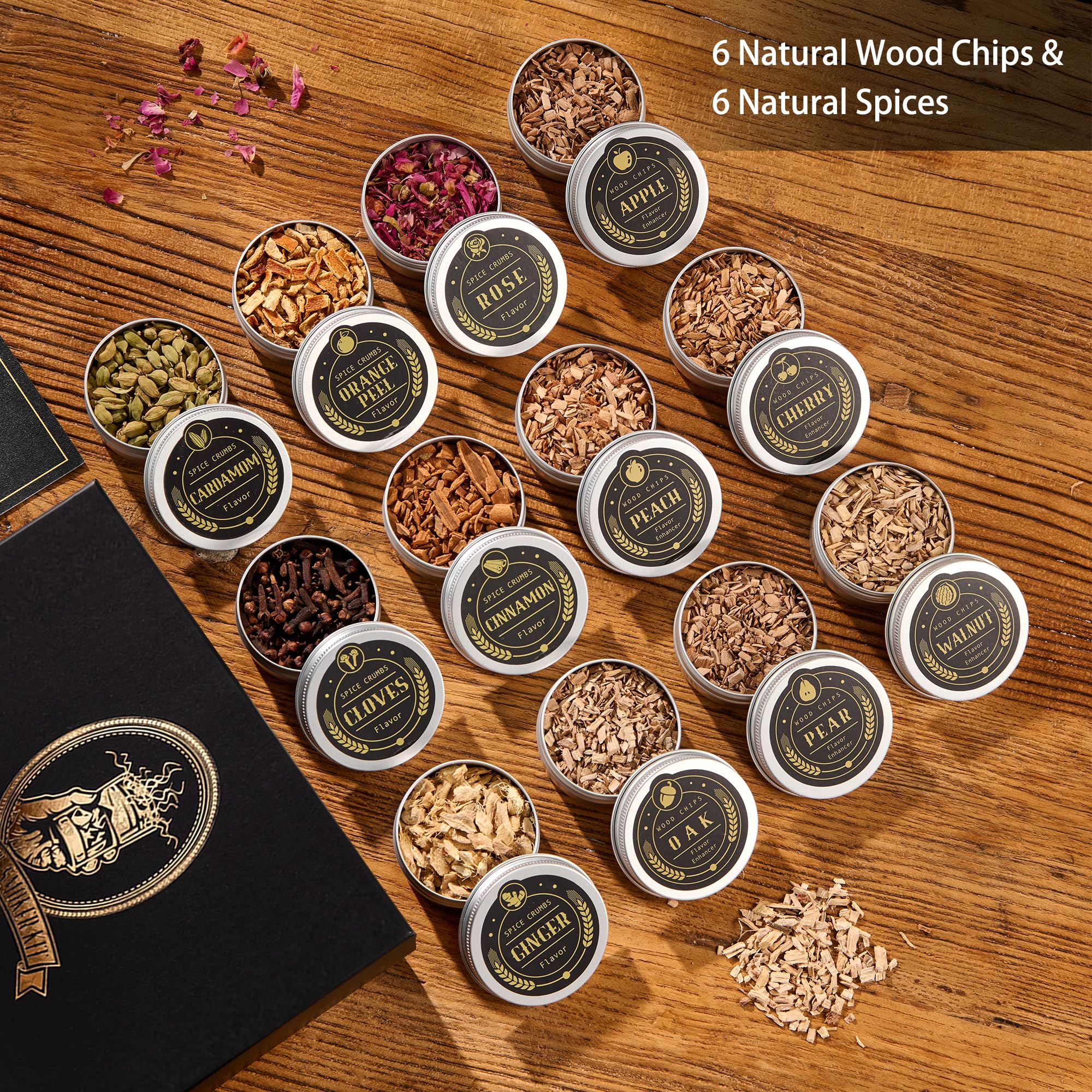 ComboJoy wood chips and spice packets arranged to show diverse flavors