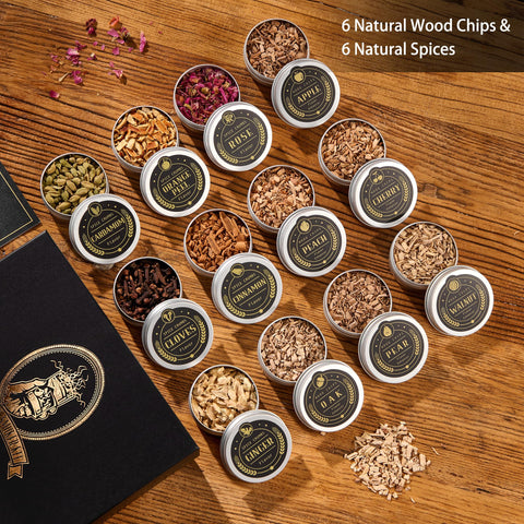 ComboJoy wood chips and spice packets arranged to show diverse flavors