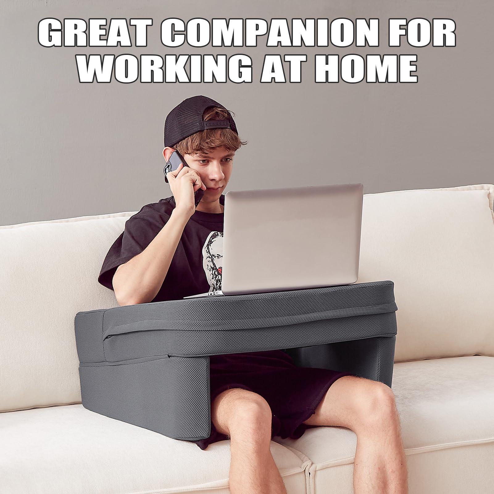 comehealthy in use on sofa with user reading showing improved posture and relaxed comfort benefit
