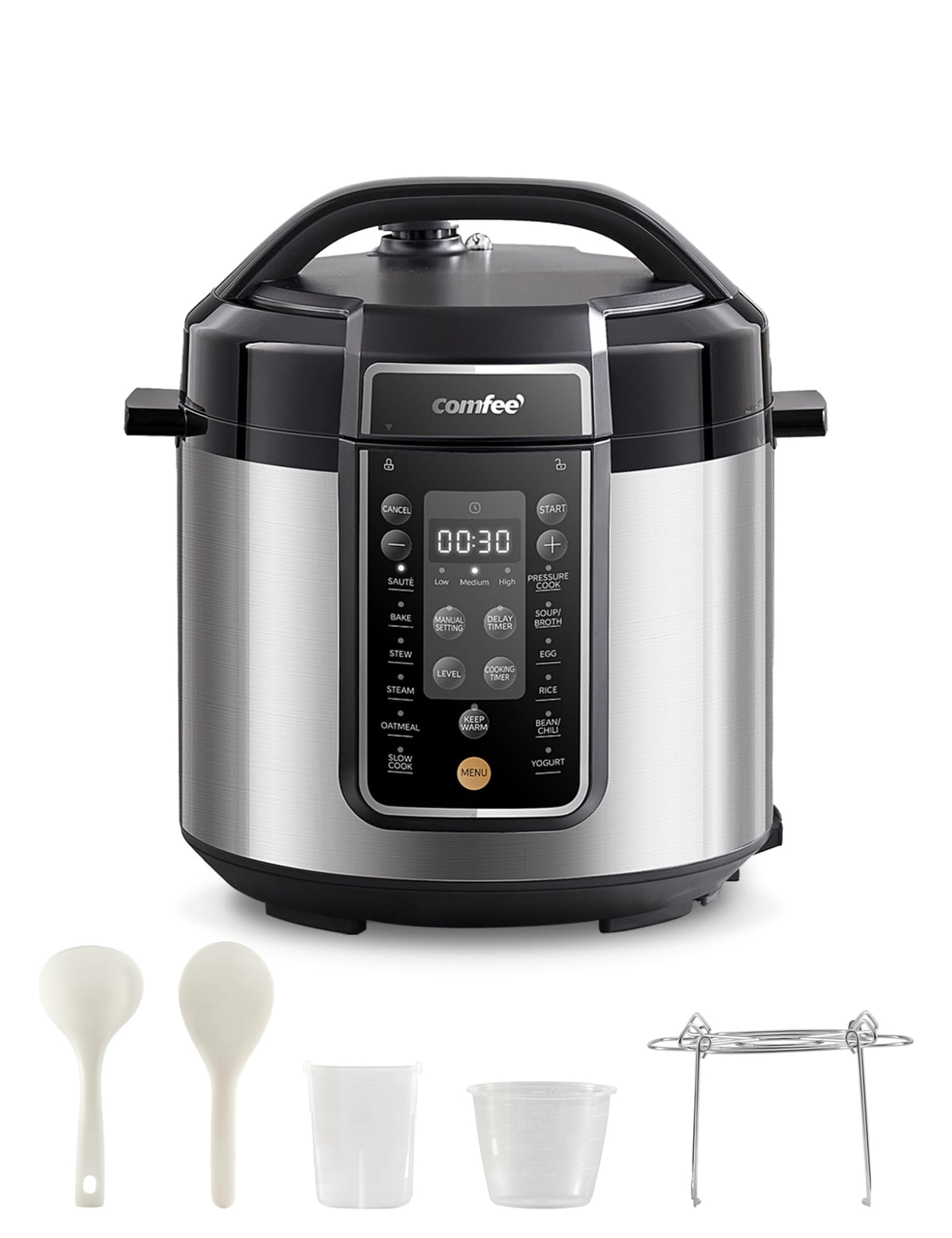 COMFEE’ front view of pressure cooker showing compact design and presets for multitasking