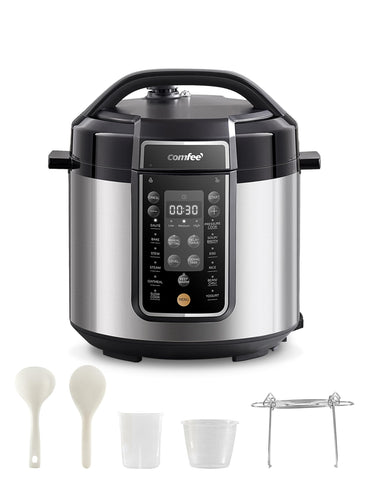 COMFEE’ front view of pressure cooker showing compact design and presets for multitasking