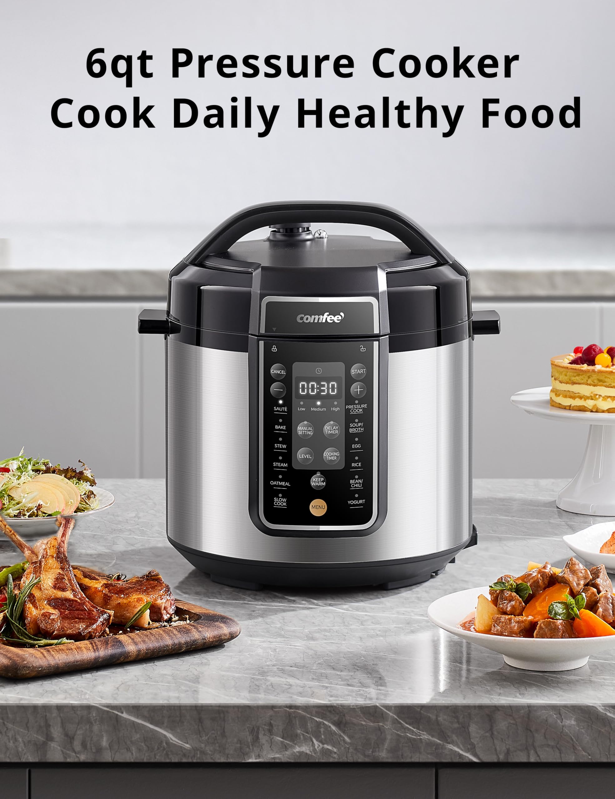 COMFEE’ pressure cooker on kitchen counter in lifestyle scene for everyday use