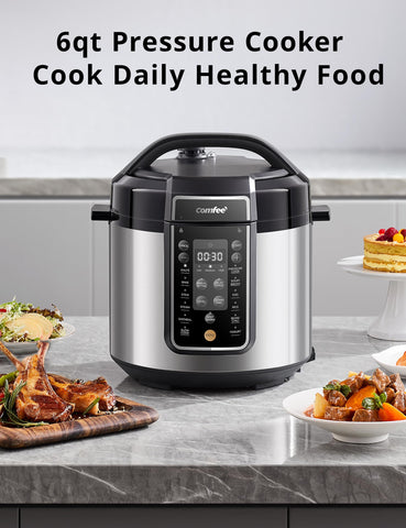 COMFEE’ pressure cooker on kitchen counter in lifestyle scene for everyday use