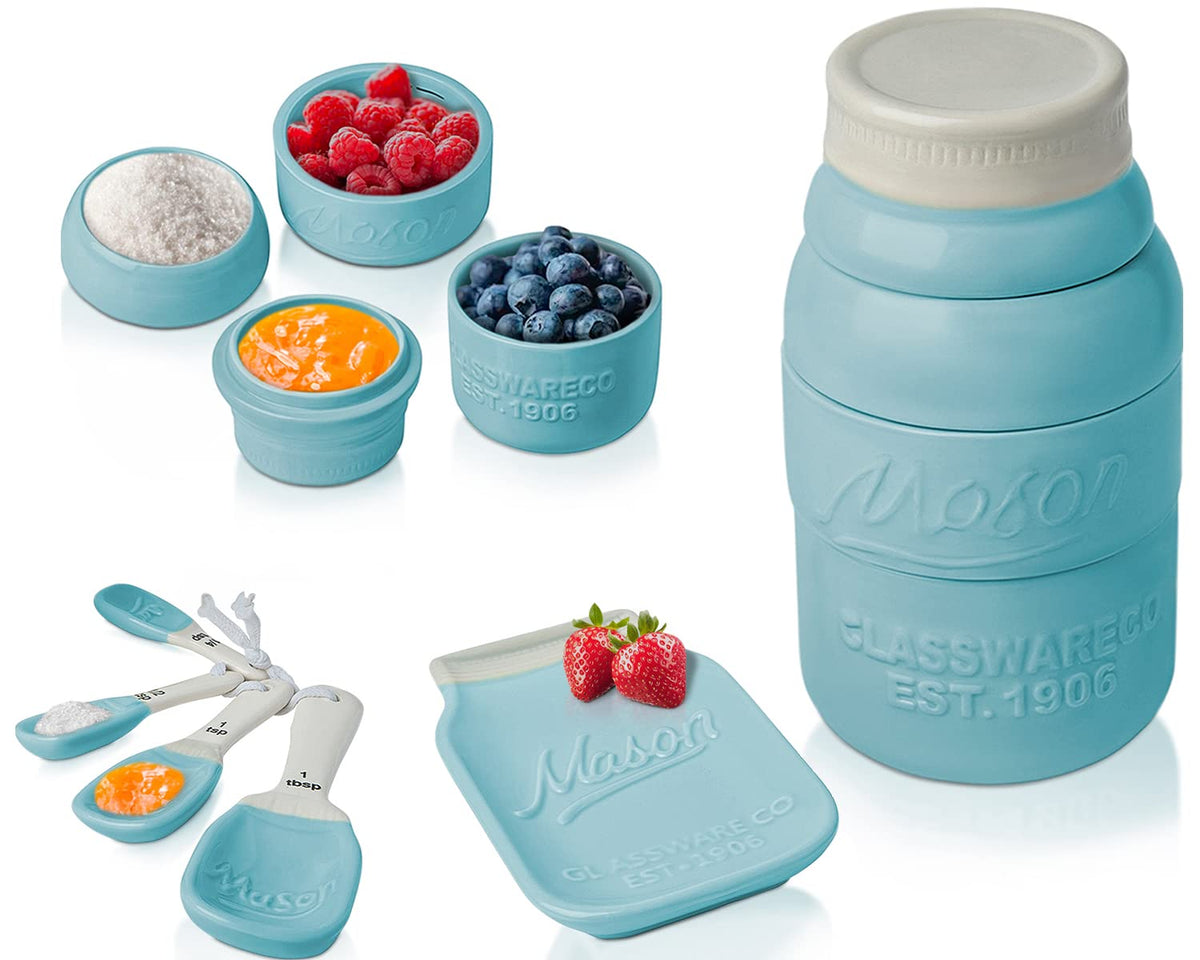 Comfify front view of aqua blue mason jar measuring set showing vintage style and utility