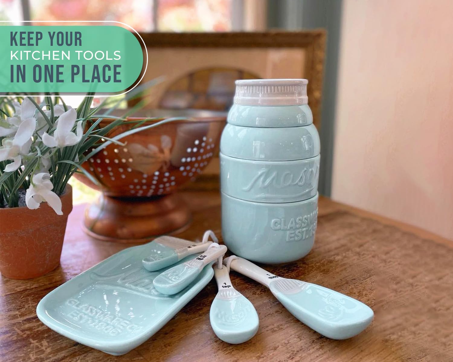 Comfify set styled on kitchen counter showing decorative coastal farmhouse coordination