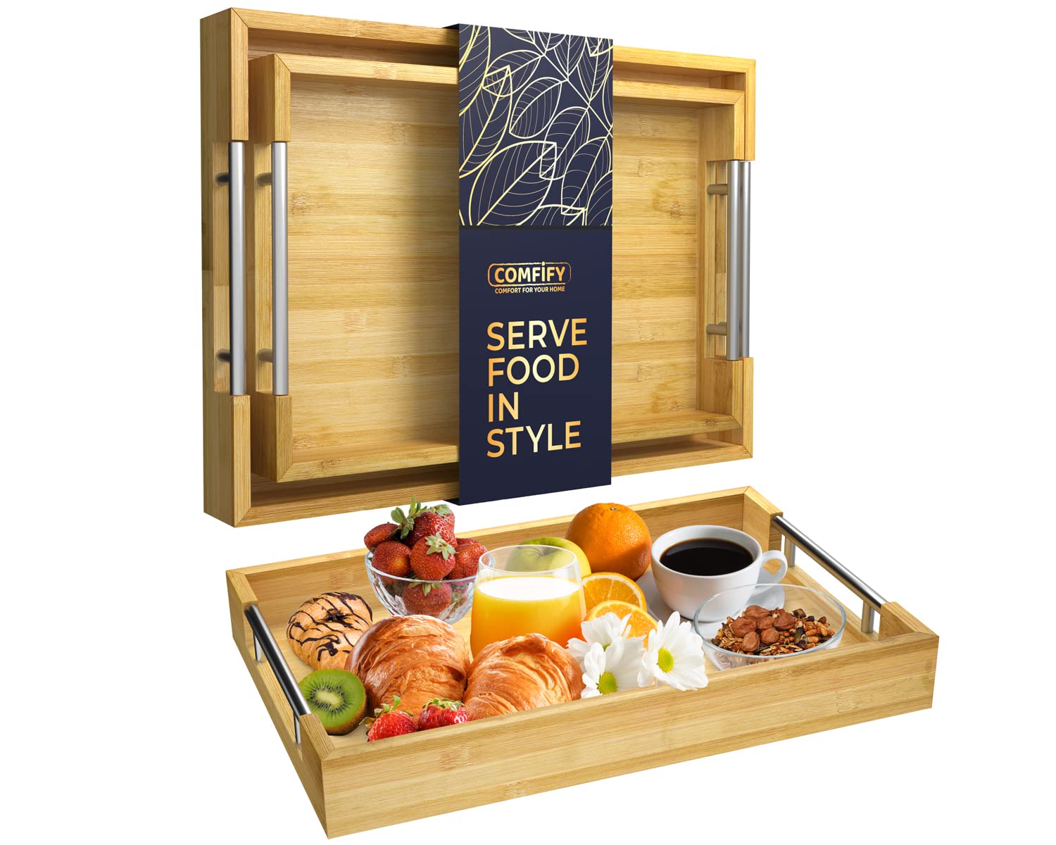 Comfify bamboo tray front view showing natural finish and silver handles for stylish serving