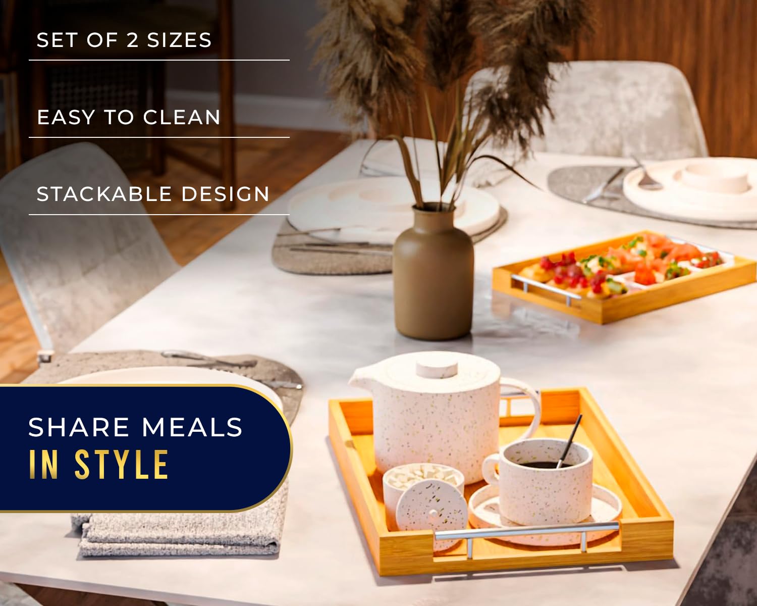 Comfify tray next to cup and book to illustrate tray size and functional scale