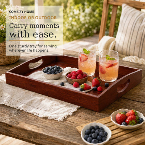 Comfify trays styled on coffee table adding warm, coordinated decor benefit