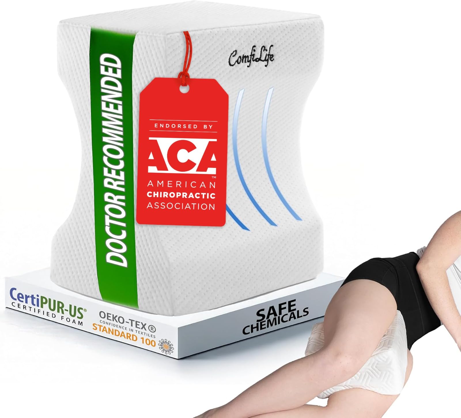 ComfiLife front view of contoured knee pillow showing ergonomic shape for support