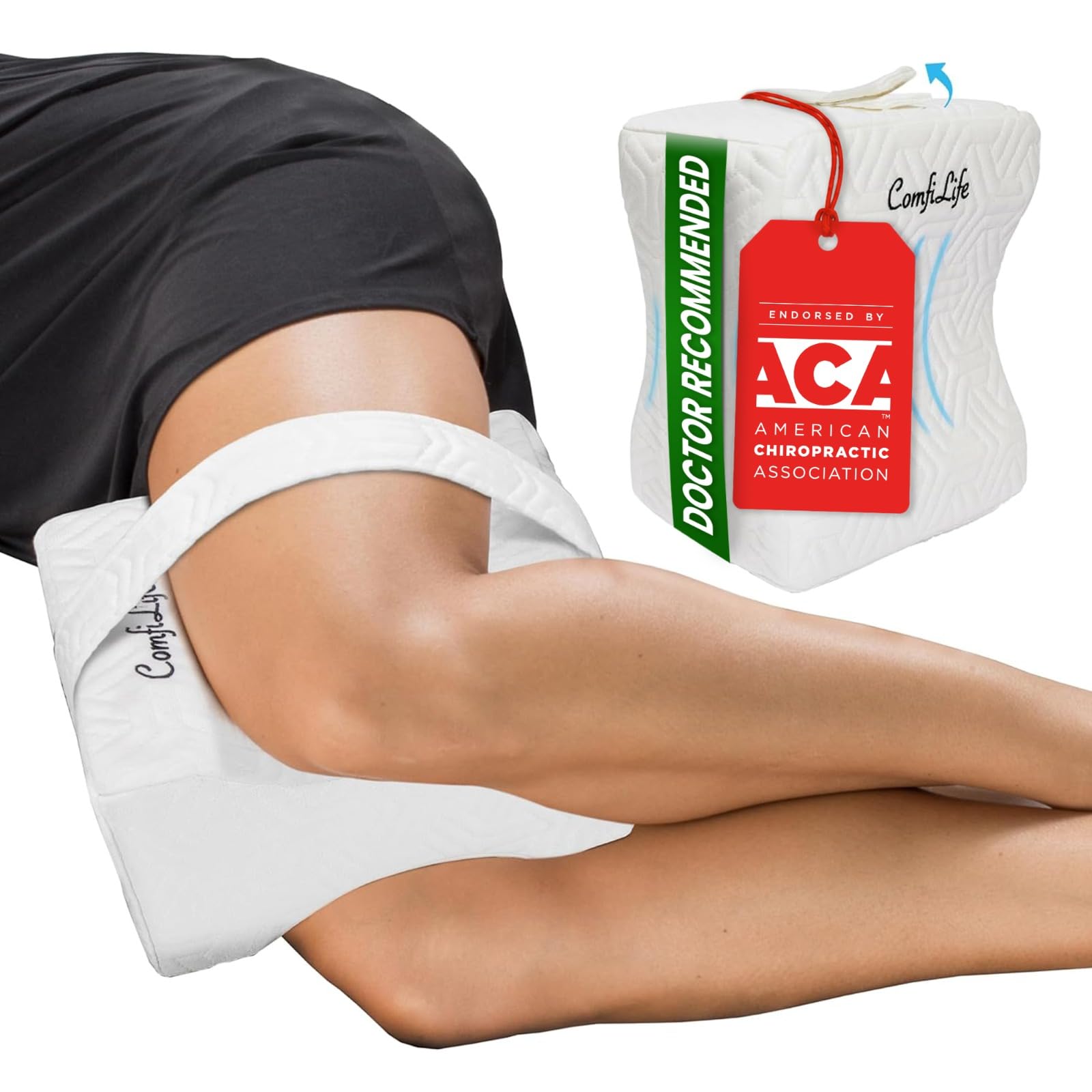 ComfiLife knee pillow front view showing contoured shape and comfort