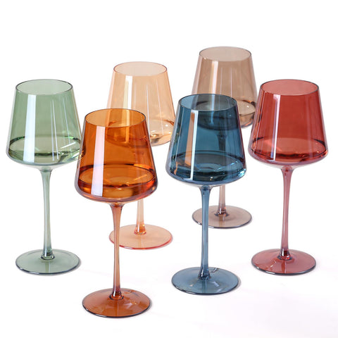 comfit front view of six colored wine glasses showing set and benefit of coordinated colors