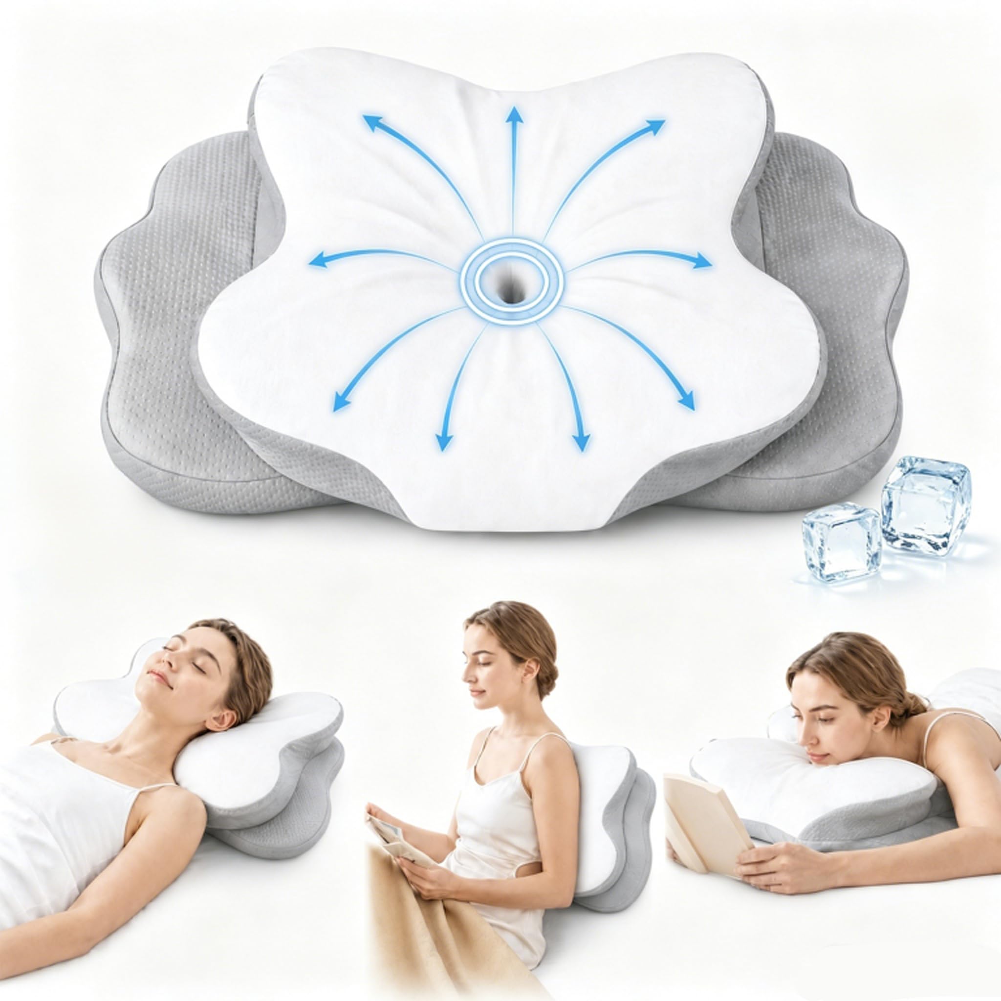 COMFORLAY front view of pillow showing ergonomic shape and calm sleep benefit