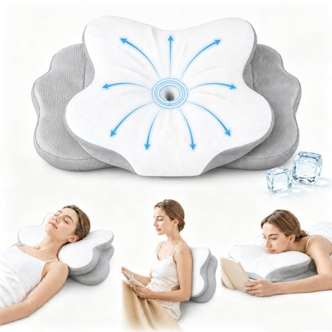 COMFORLAY front view of pillow showing ergonomic shape and calm sleep benefit