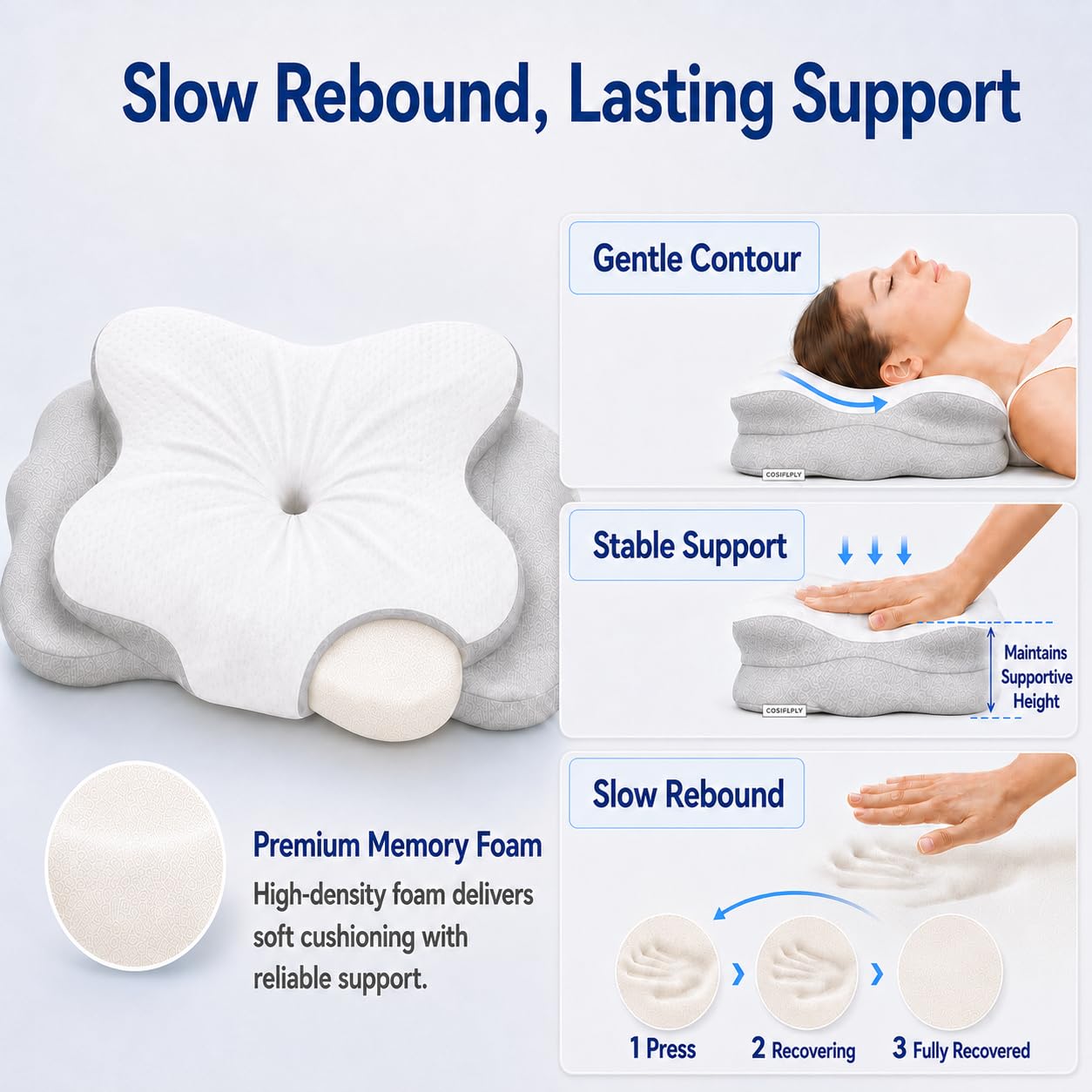 COMFORLAY pillow on bed supporting back sleeper for improved posture