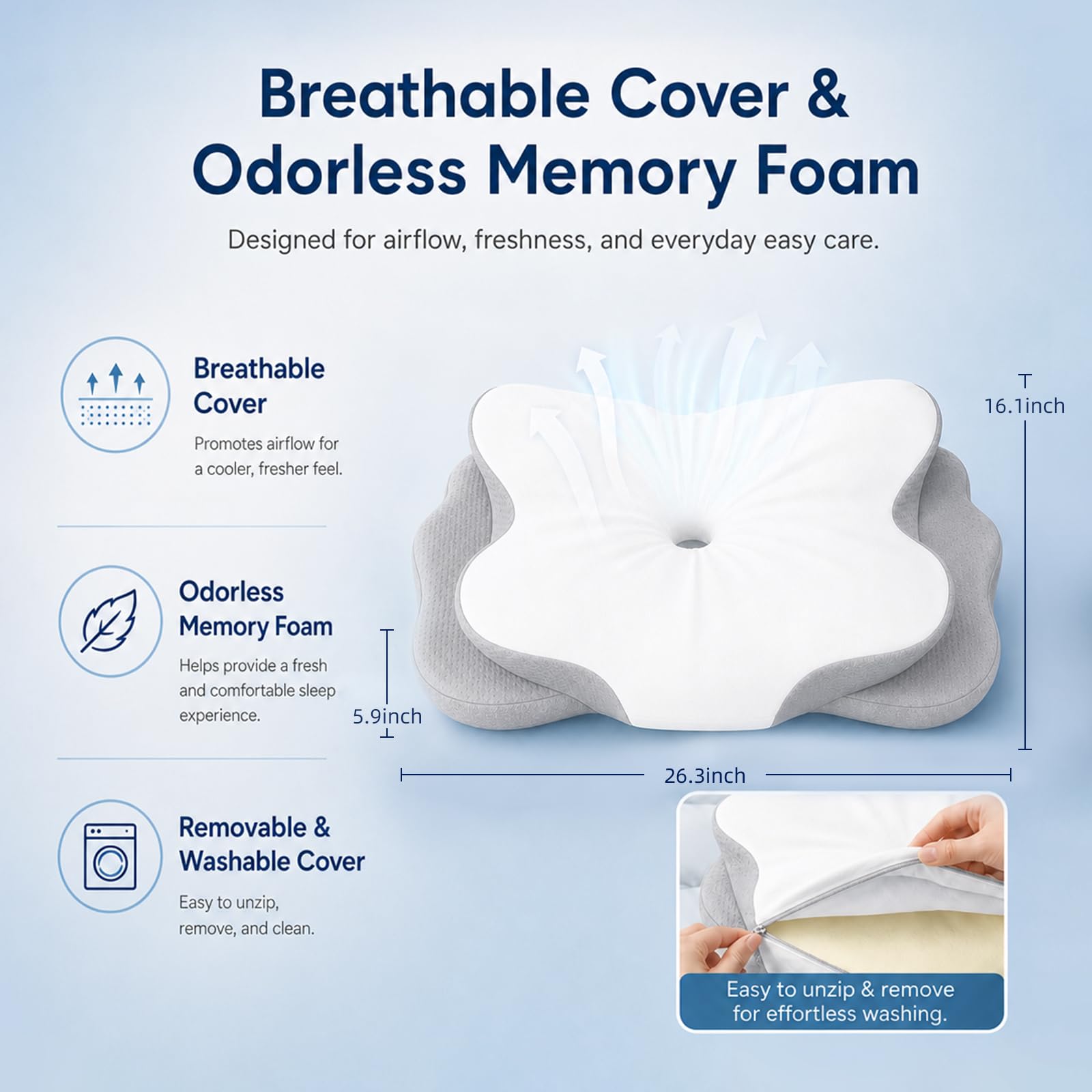 COMFORLAY pillow held in hand showing scale and travel convenience