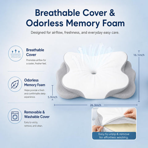 COMFORLAY pillow held in hand showing scale and travel convenience