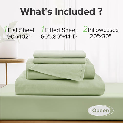 Comfort Spaces styled bedroom with sage sheets showing calming decor and layering