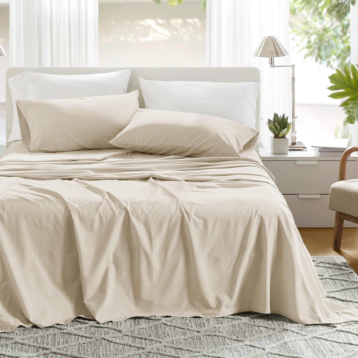 Comfort Spaces cream queen sheets flat-lay showing complete set and neat presentation