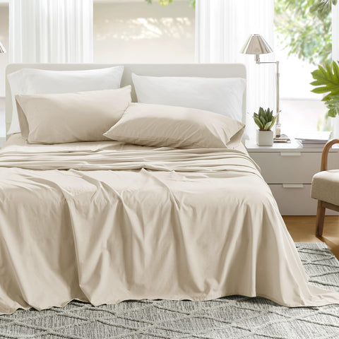 Comfort Spaces cream queen sheets flat-lay showing complete set and neat presentation