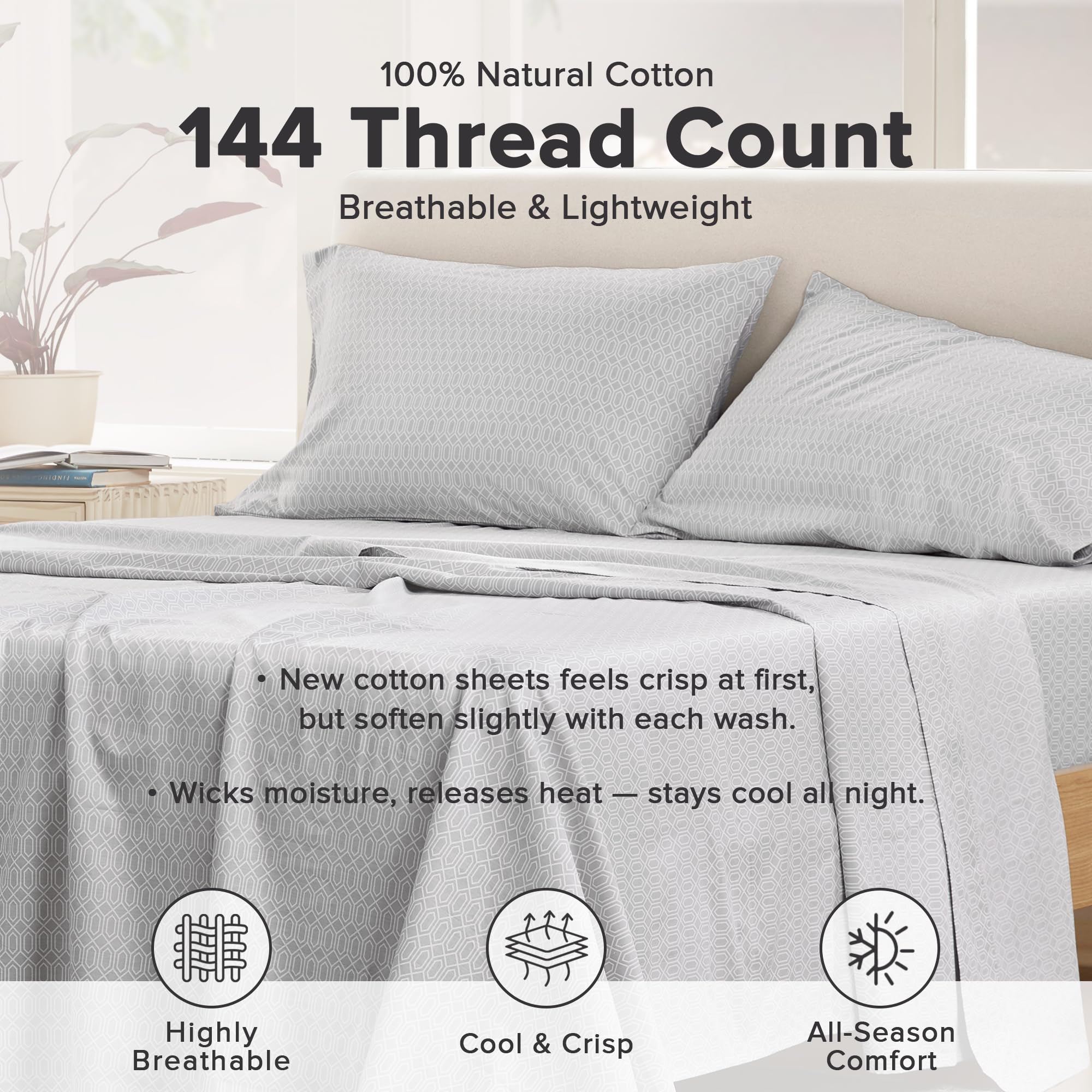 Comfort Spaces flat sheet spread across mattress showing diamond grey pattern and smooth finish