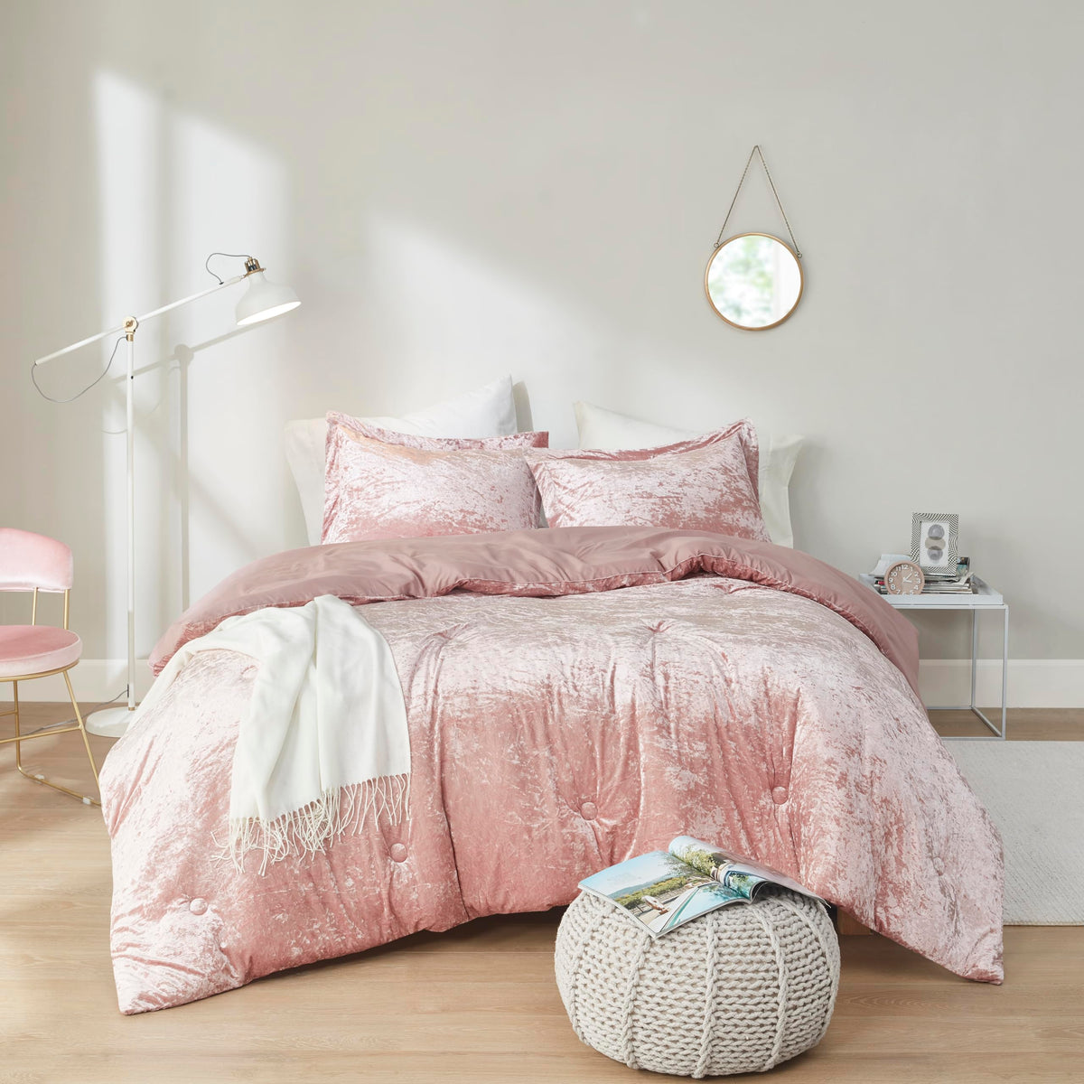 Comfort Spaces front view of blush comforter set showing sheen and appeal