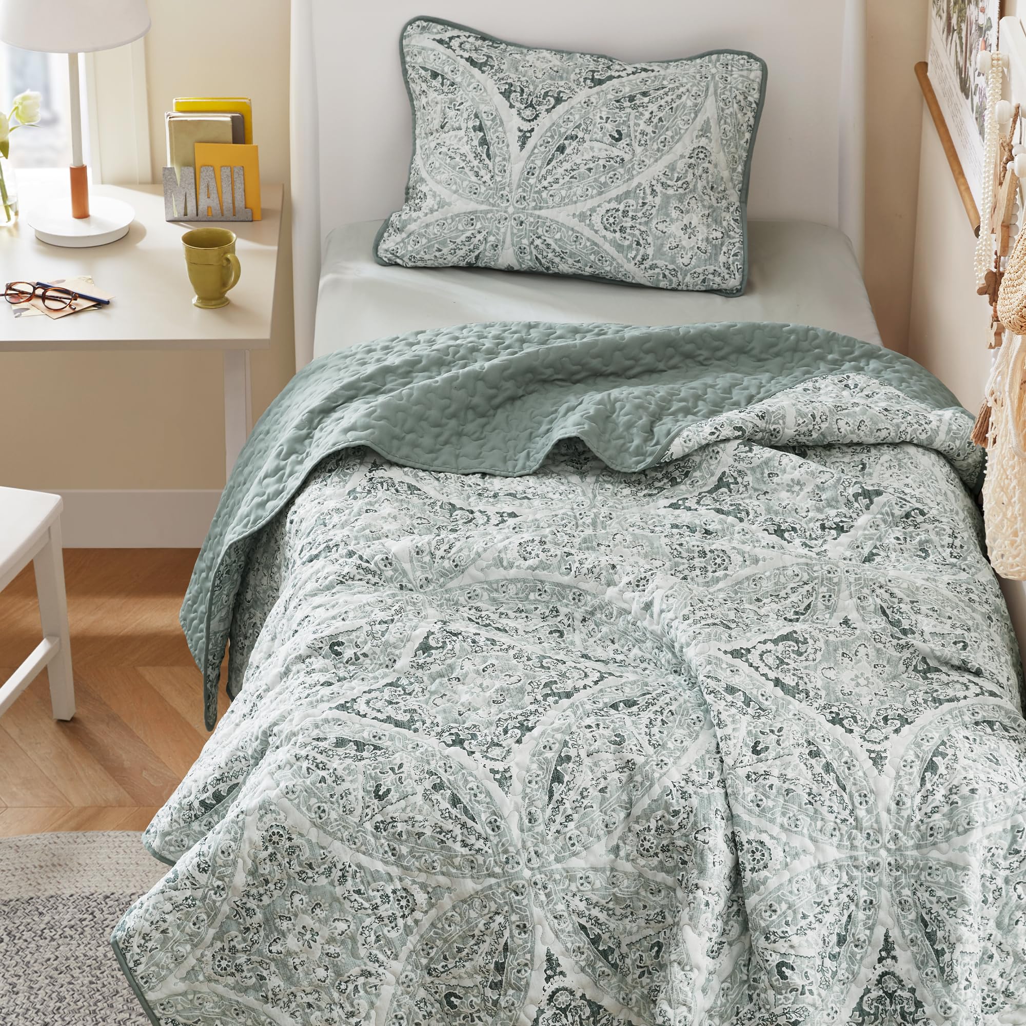 Comfort Spaces front view of Gloria quilt set showing boho pattern and green tone for stylish bedding