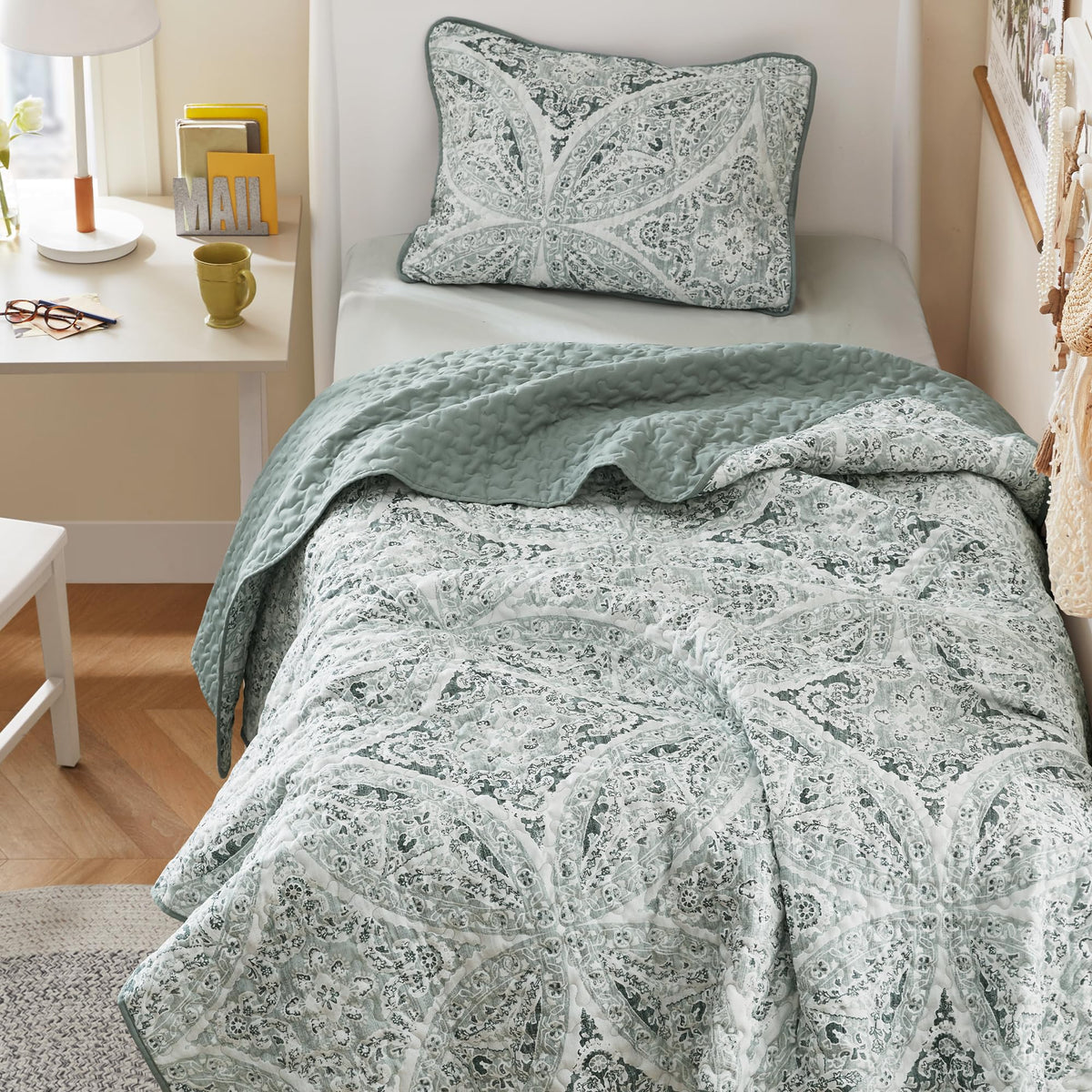 Comfort Spaces front view of Gloria quilt set showing boho pattern and green tone for stylish bedding