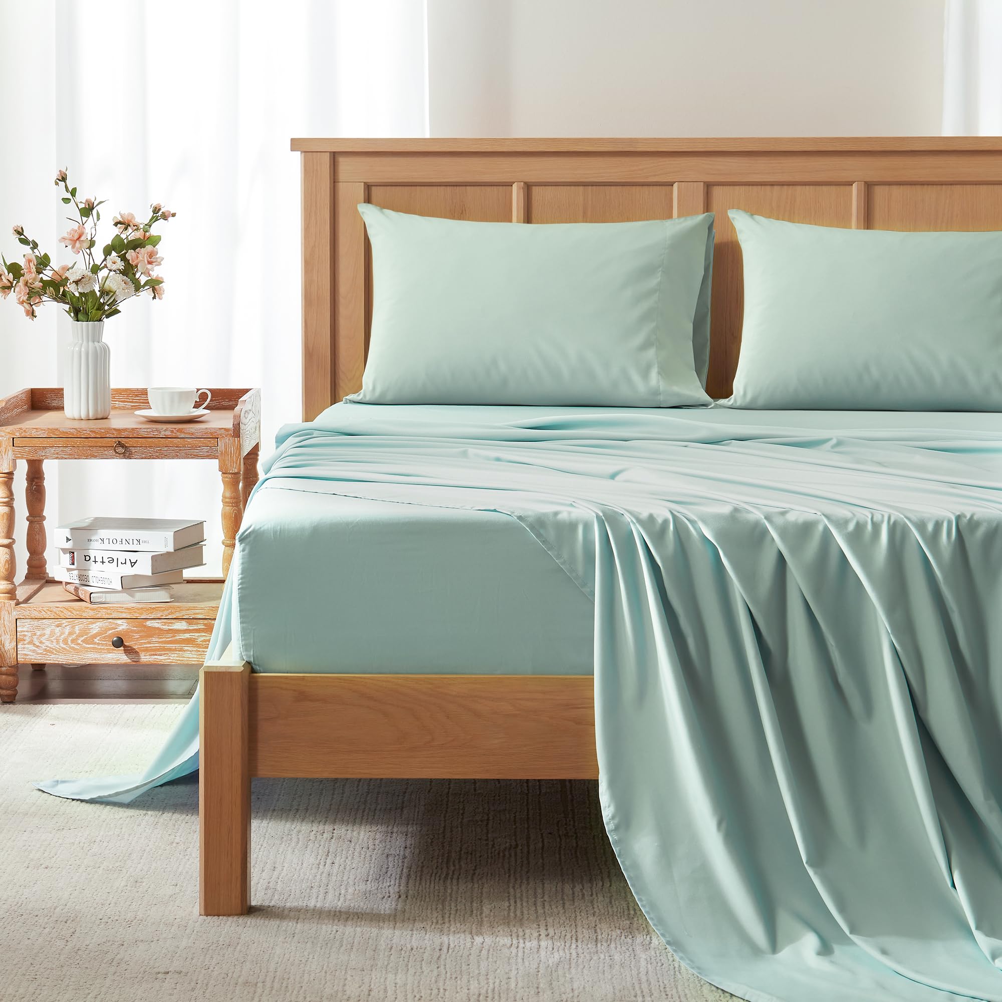 Comfort Spaces queen sheet set front packaging showing contents and features