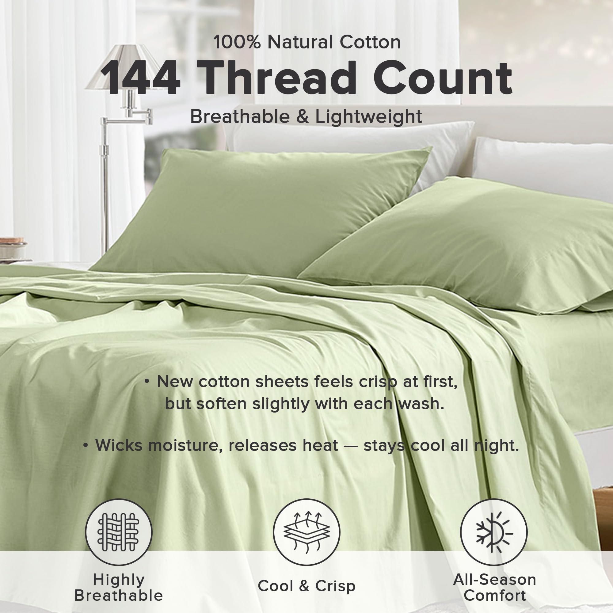 Comfort Spaces folded sage green flat sheet highlighting smooth fold and ease