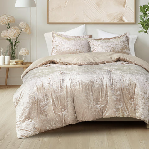 Comfort Spaces front view of champagne velvet comforter showing elegant sheen and tidy drape