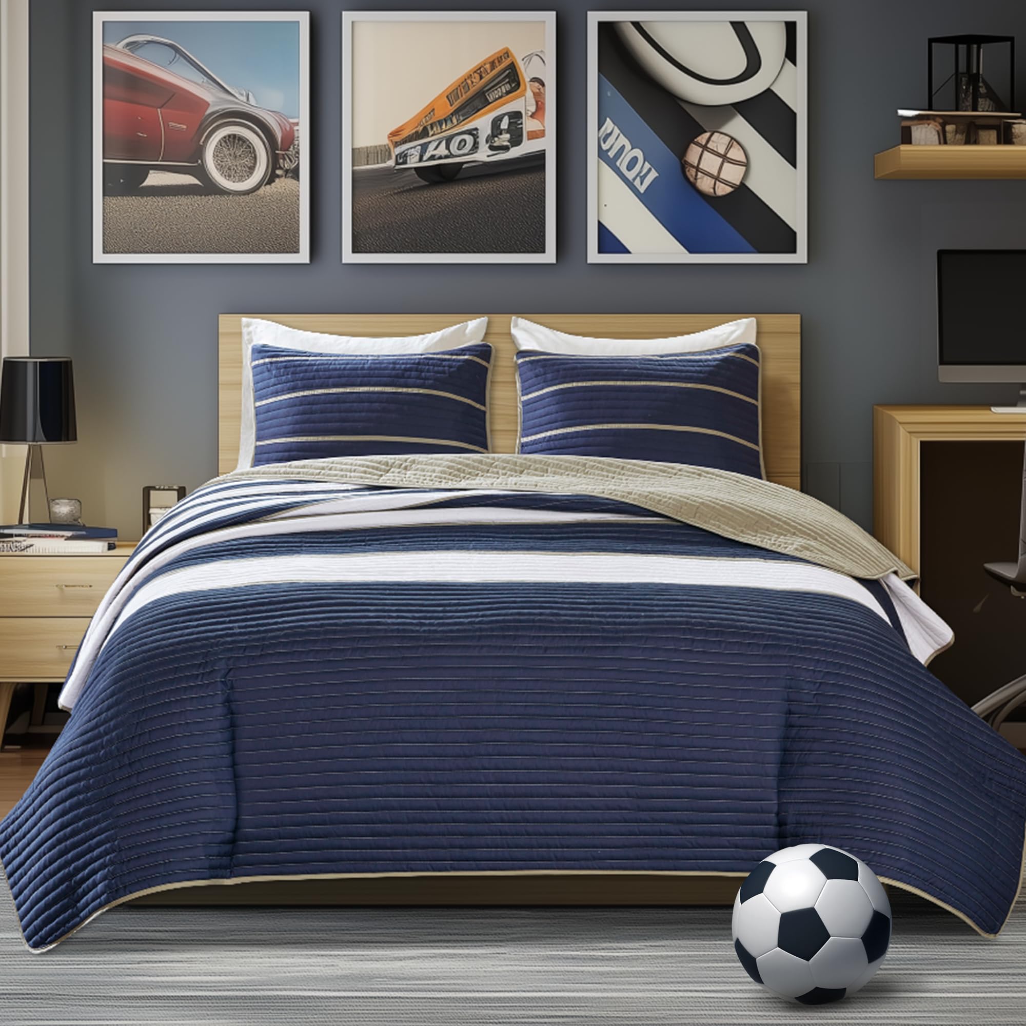 Comfort Spaces Verone front view showing navy white khaki stripes and inviting look