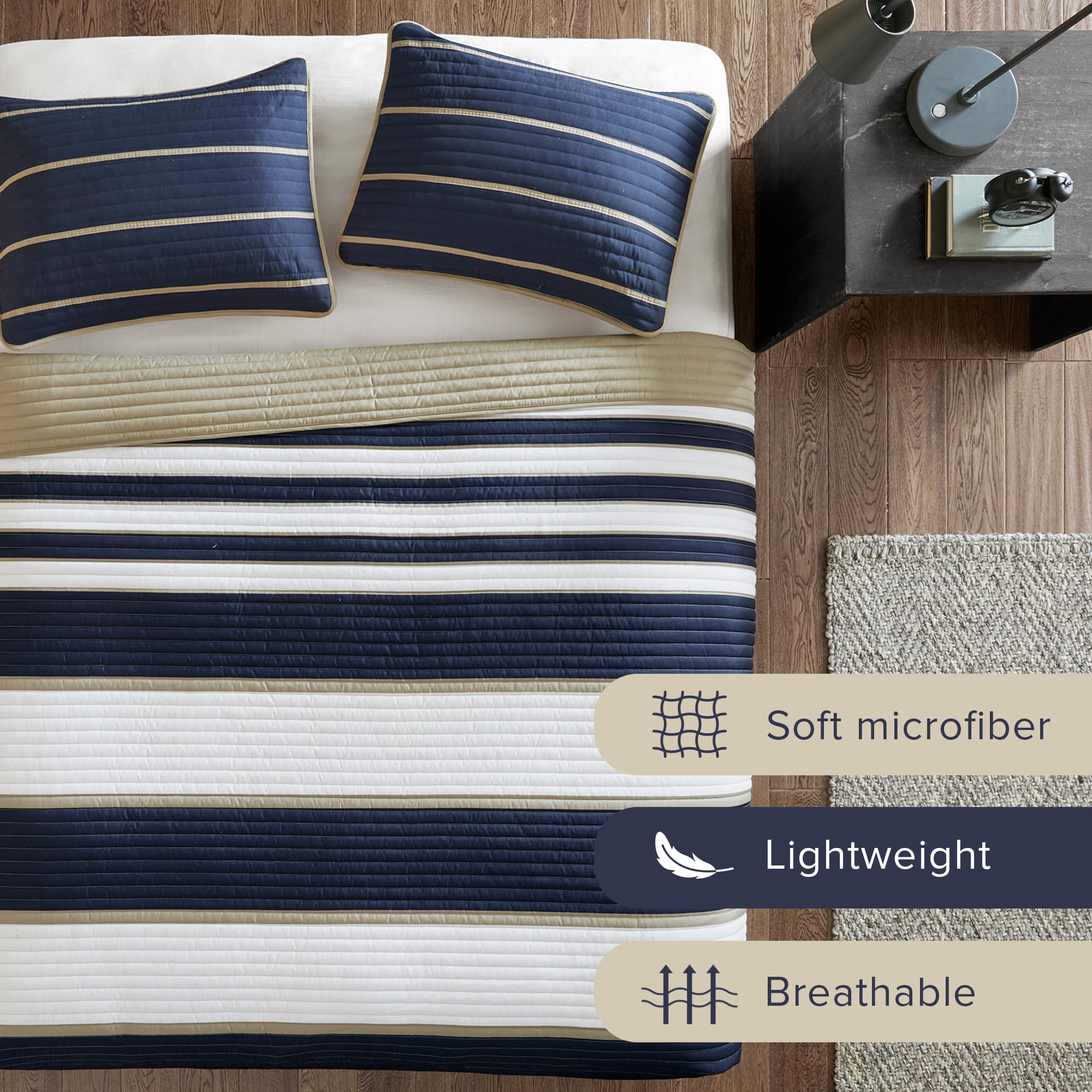 Comfort Spaces Verone sham detail with khaki stripe accent adds headboard polish