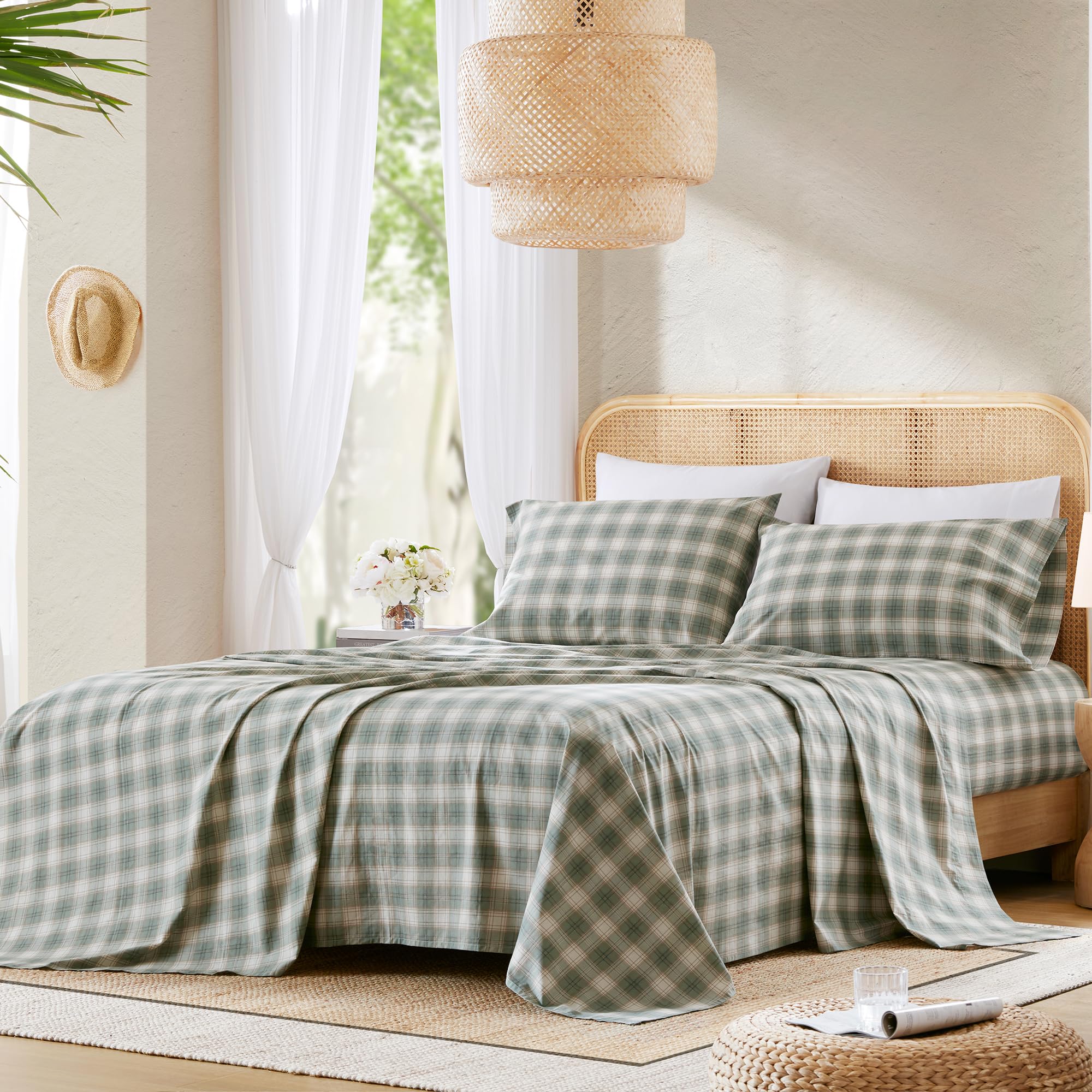Comfort Spaces close-up of Wesley Green plaid print highlighting breathable weave