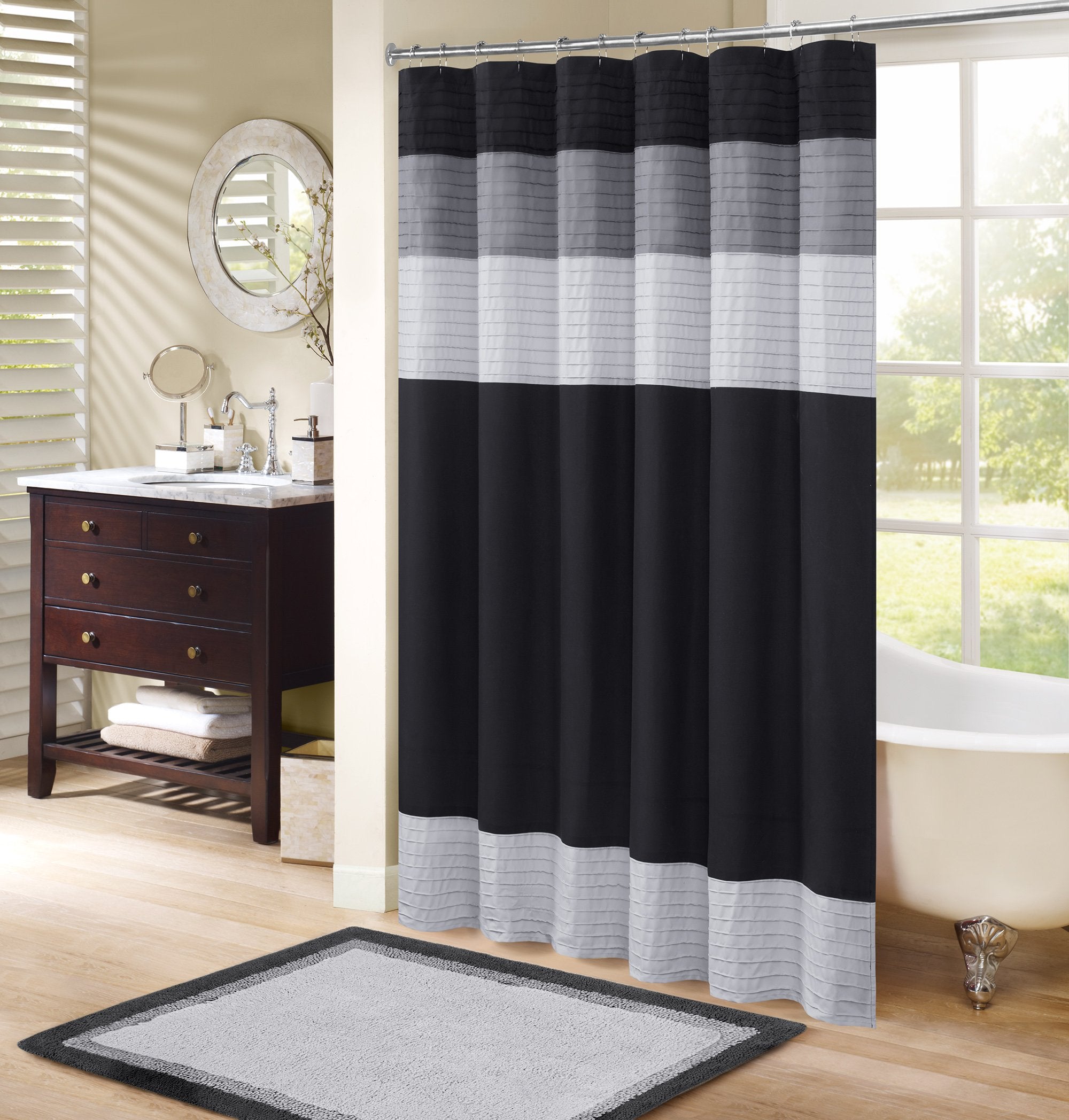 Comfort Spaces front view of black Windsor shower curtain showing tailored finish and elegance