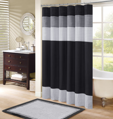 Comfort Spaces front view of black Windsor shower curtain showing tailored finish and elegance