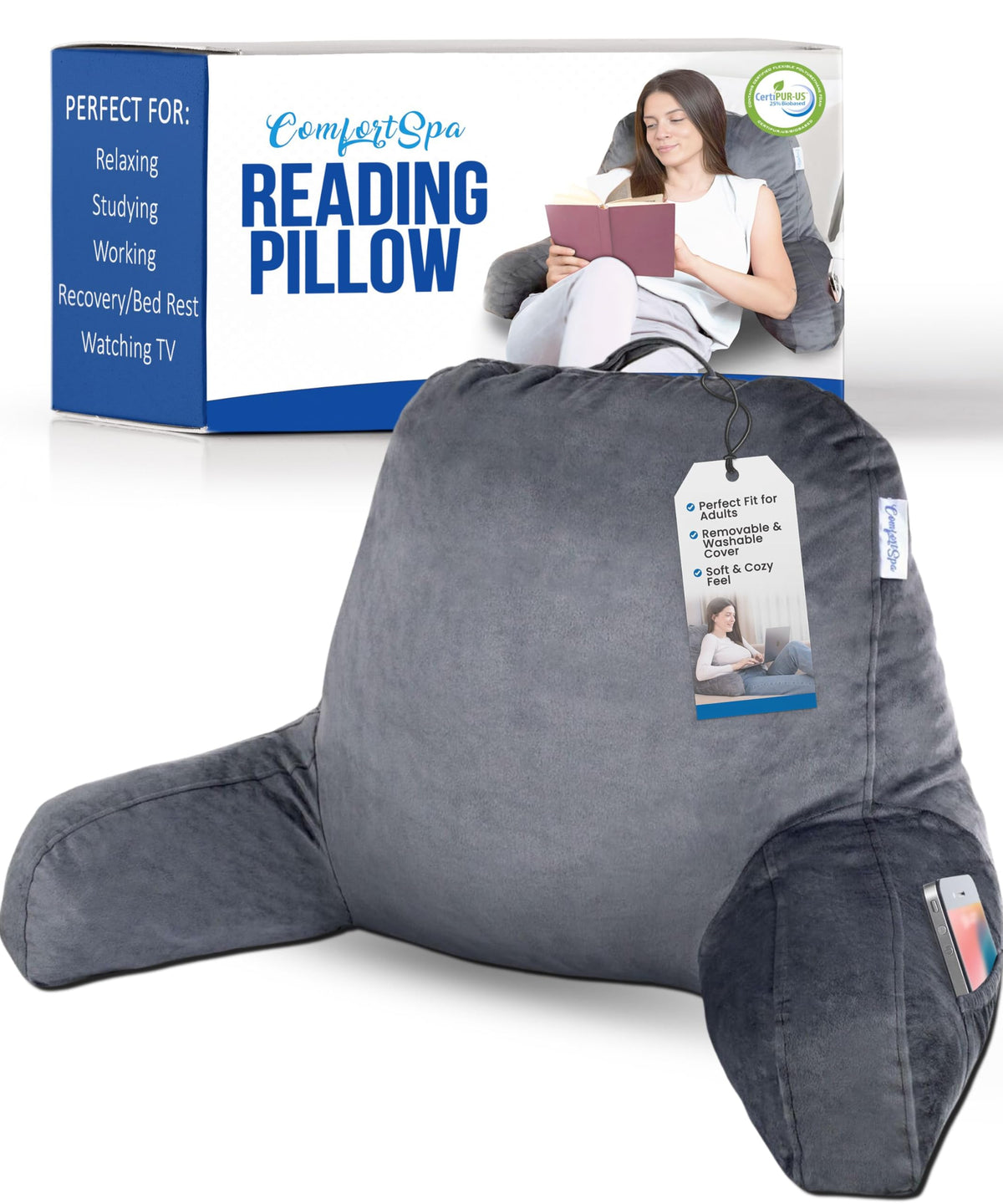 ComfortSpa front view of large grey pillow showing full support and comfort