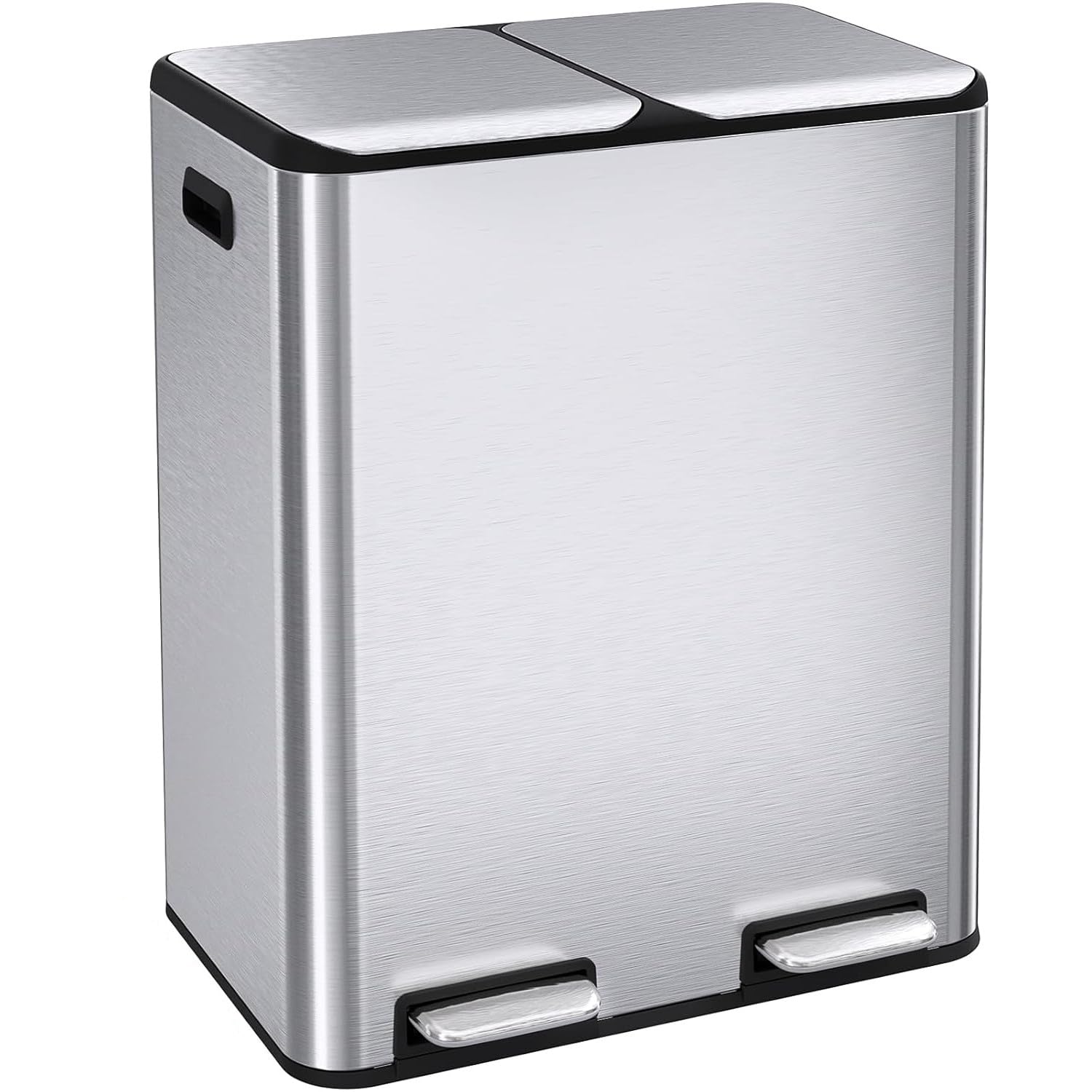 ComfyCorner front view of dual trash can showing sleek stainless steel benefits tidy sorting