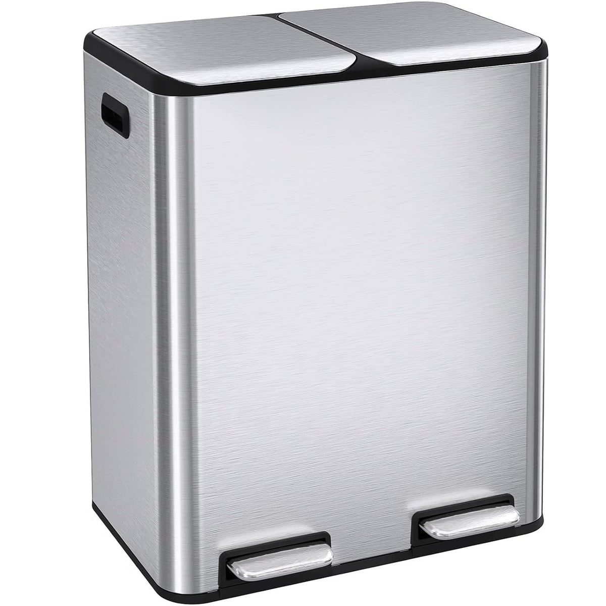 ComfyCorner front view of dual trash can showing sleek stainless steel benefits tidy sorting