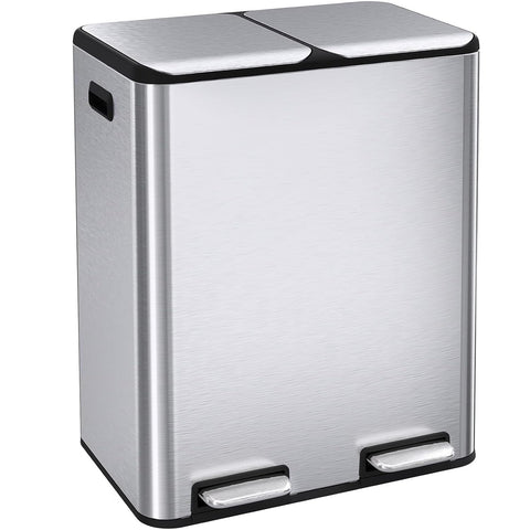 ComfyCorner front view of dual trash can showing sleek stainless steel benefits tidy sorting