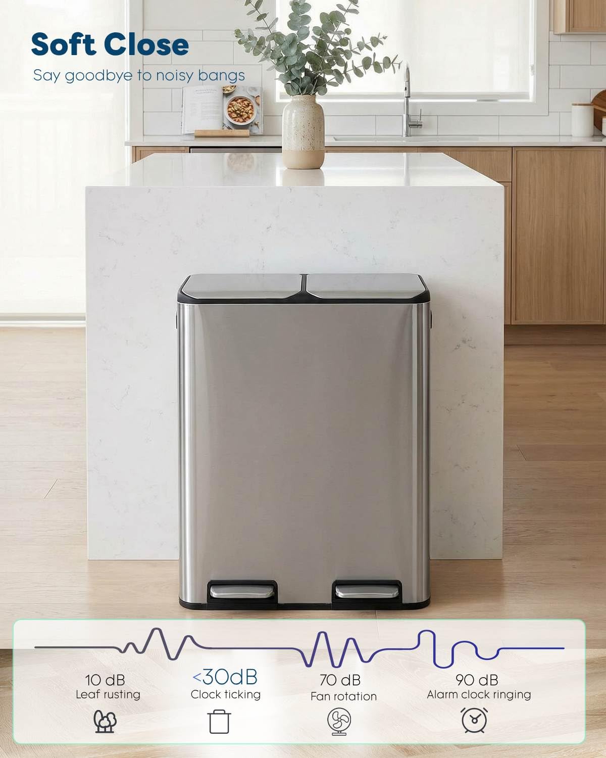 ComfyCorner trash can in kitchen showing compact footprint and space-saving benefit