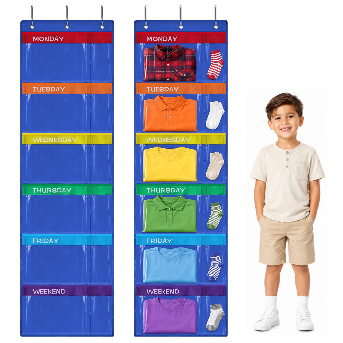 ComfyKit front view hung on door showing full blue organizer and quick outfit access