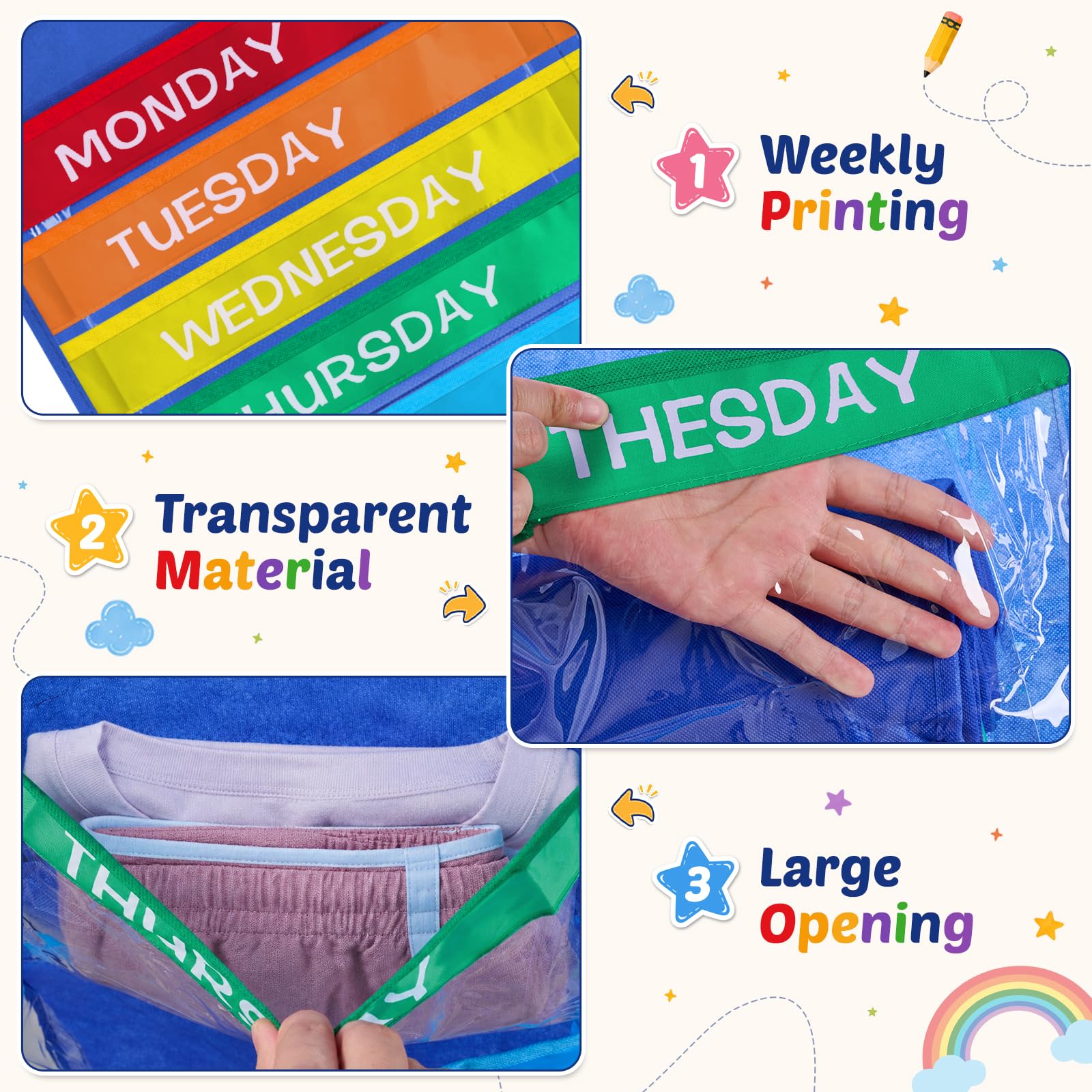 ComfyKit with child choosing clothes from pocket illustrating independent dressing