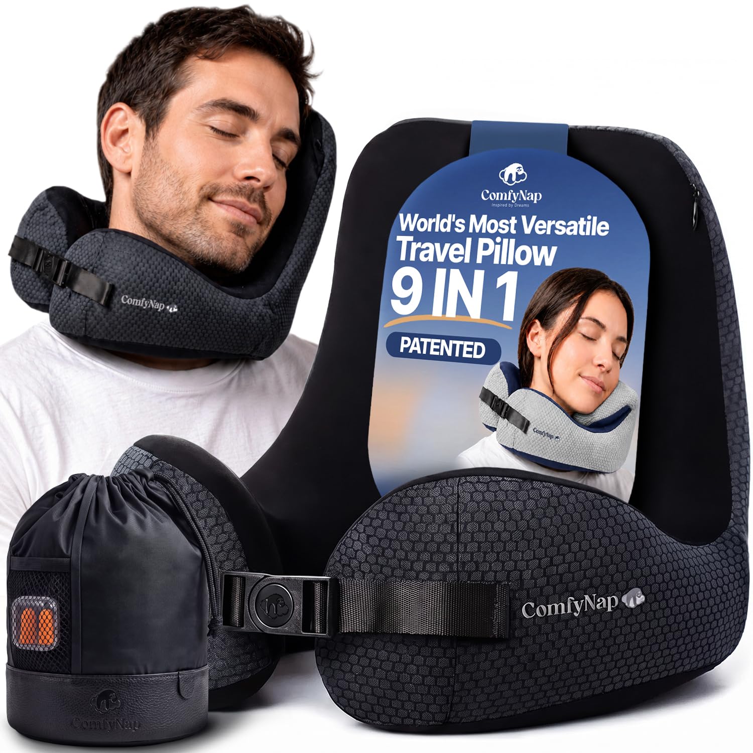 ComfyNap front view showing Mercury color and compact travel design, boosts comfort