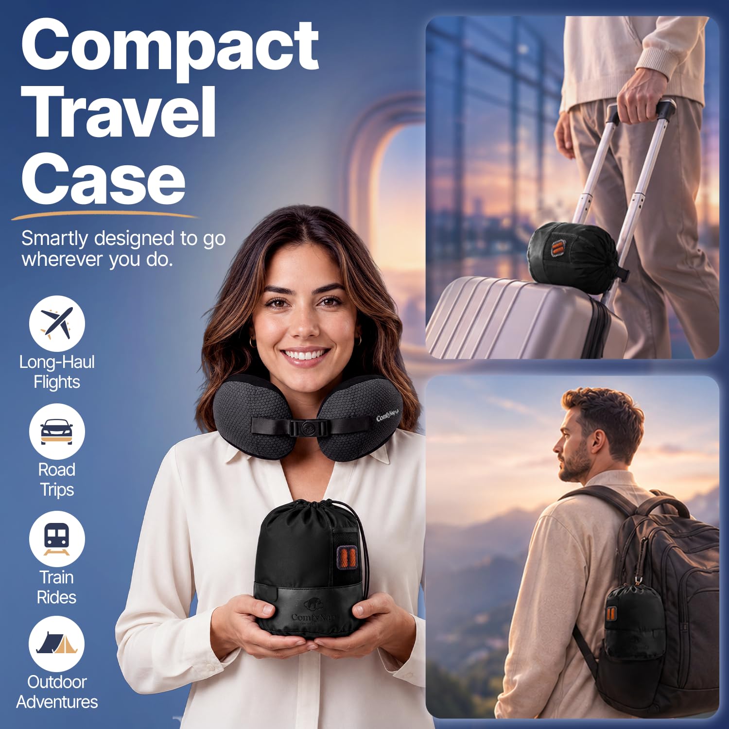 ComfyNap beside a backpack showing compact size for easy packing benefit
