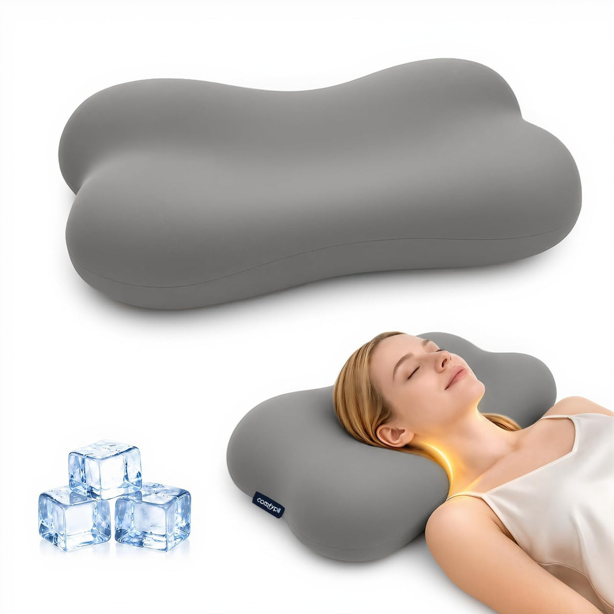 COMFYPIL front view showing grey pillow and ergonomic shape for improved rest